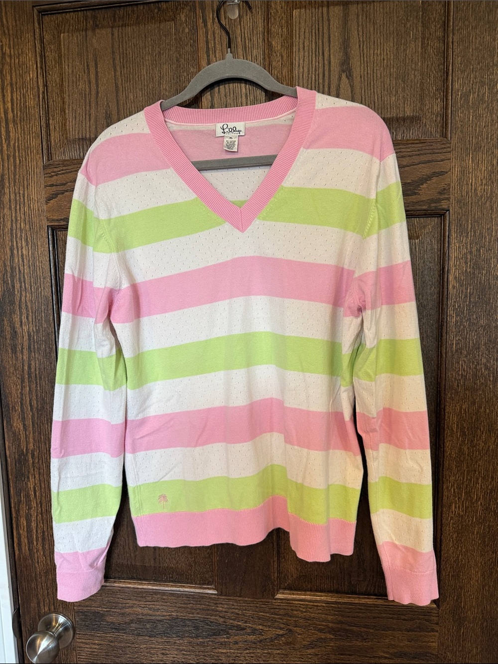 Lilly Pulitzer Pink, Lime & White Striped V-Neck Sweater XL
